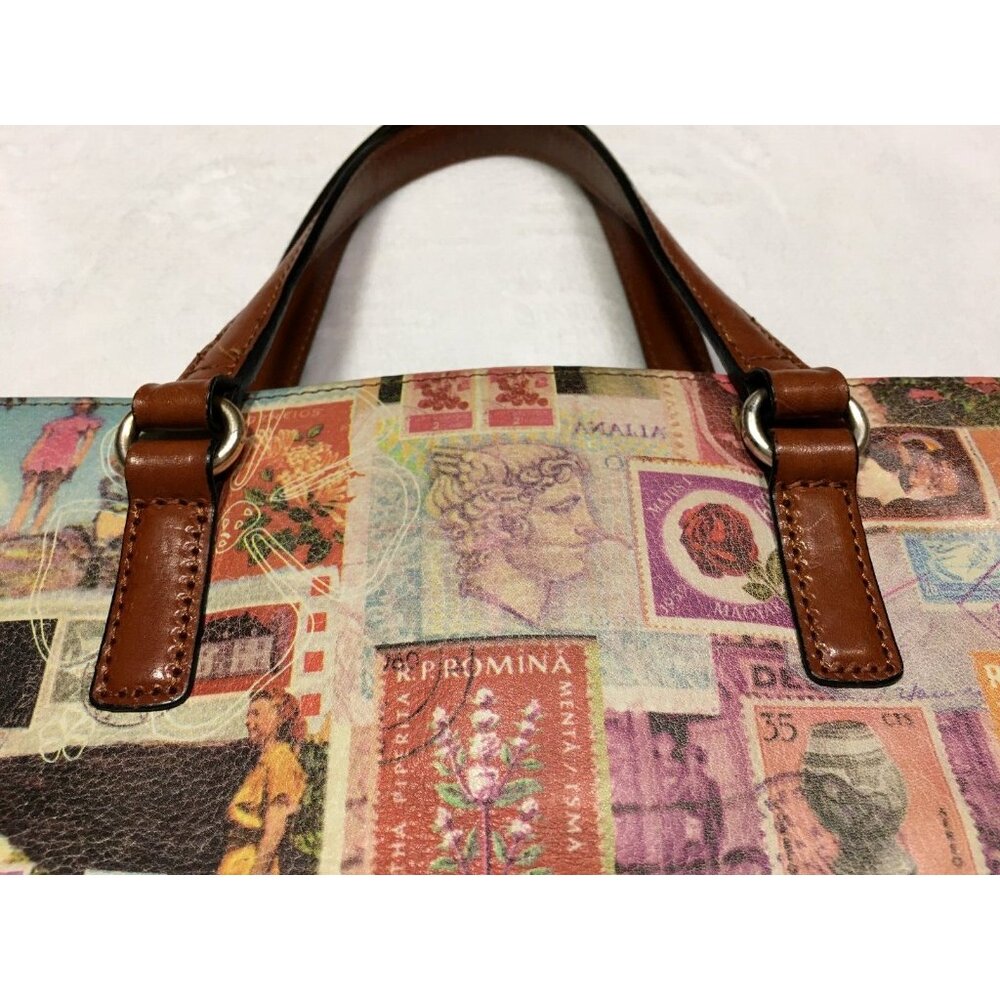 Fossil Leather Handbag Coronado Vintage Stamps Print Satchel NO SHOULDER STRAP - Picture 5 of 16